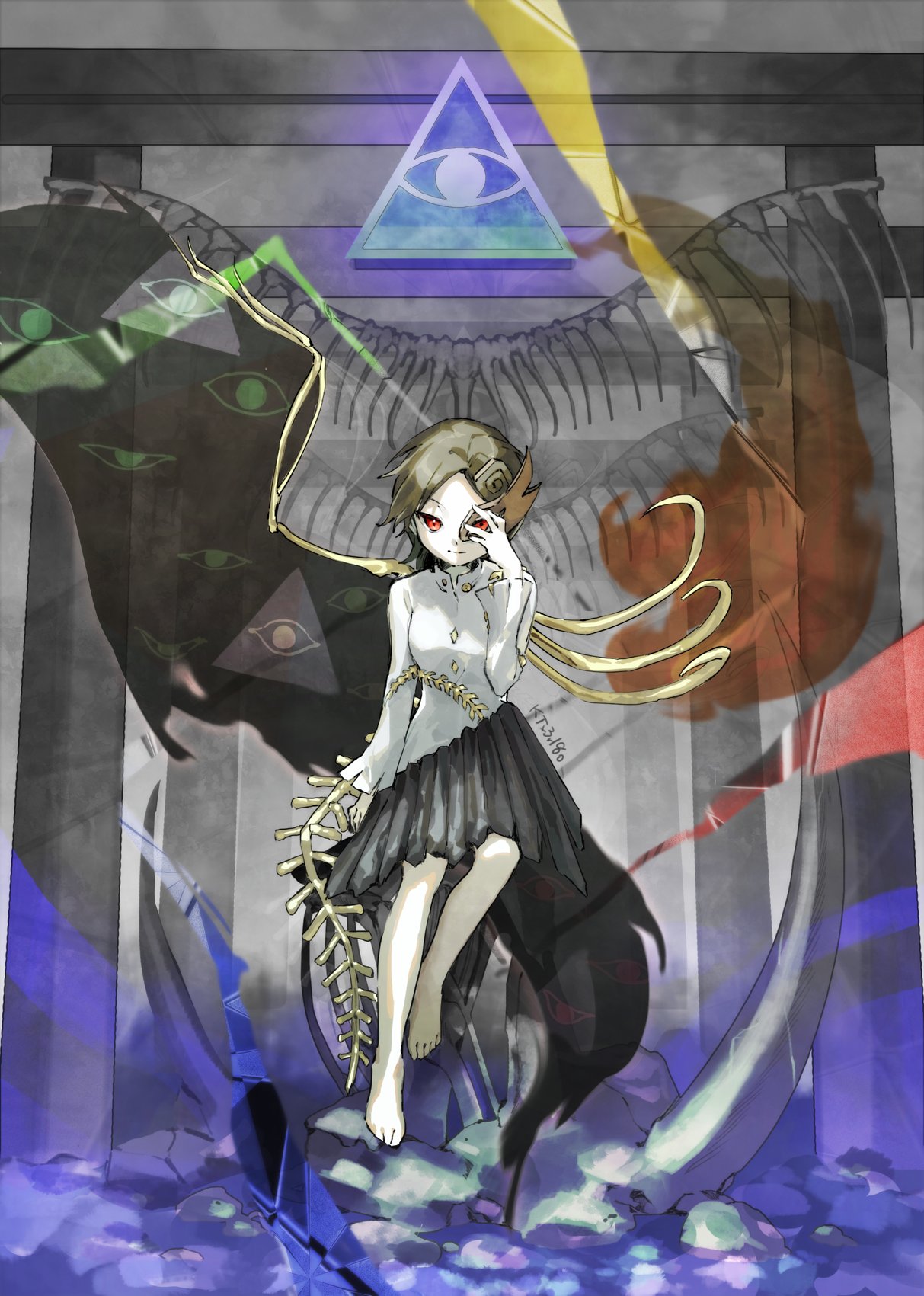 kaigen 1025, iwanaga ariya, fossilized wonders, touhou, highres, 1girl, asymmetrical wings, bone, brown mask, dinosaur skeleton, eye of providence, eye print, eyes on wings, fiery wings, full body, gold buttons, half mask, looking at viewer, mask, mask over one eye, pyramid (structure), ribbon around body, skeletal clothes, skeletal tail, skeletal wings, smile, solo, spinal cord, tail, wings