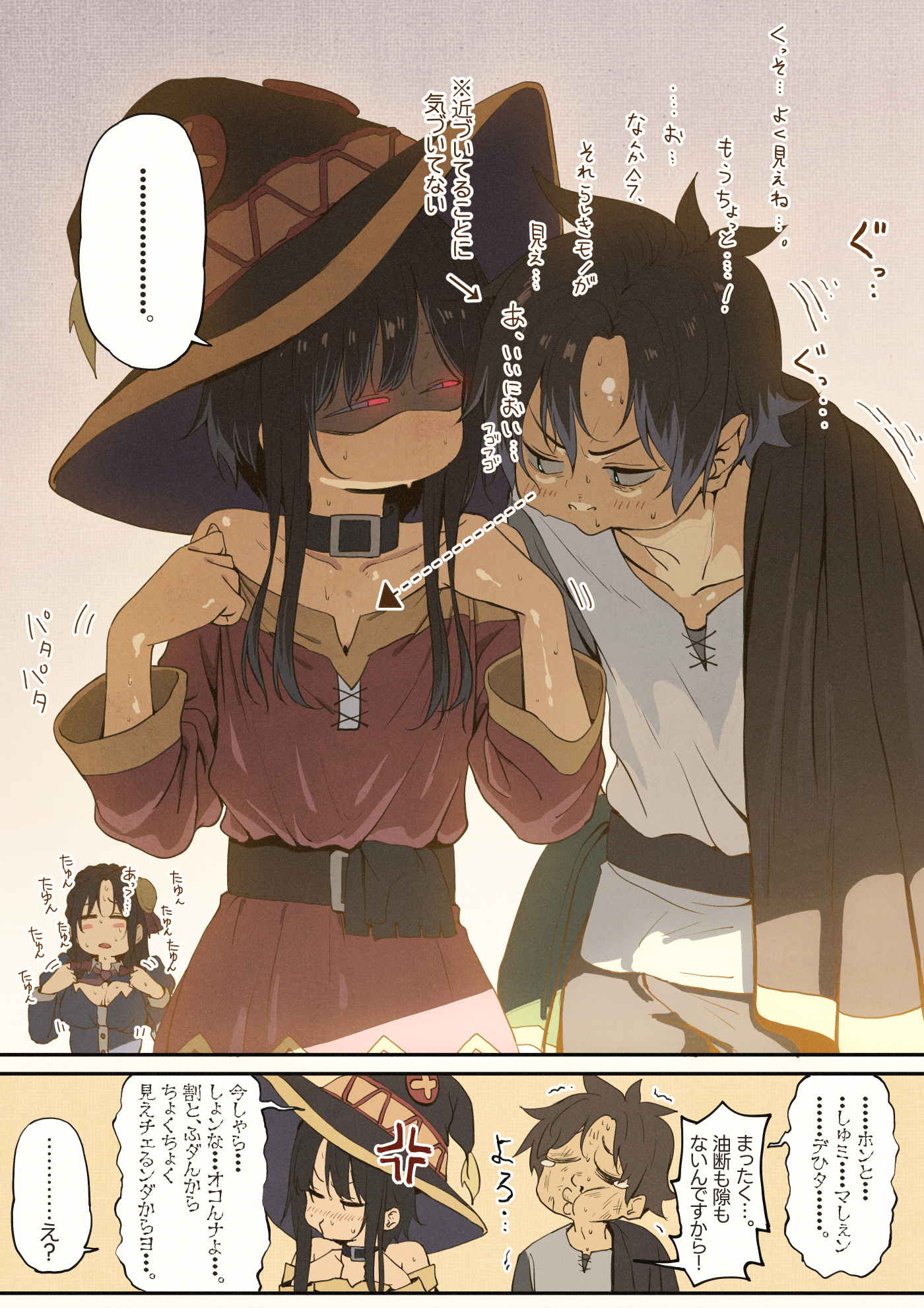 izawa (bhive003), megumin, satou kazuma, yunyun (konosuba), kono subarashii sekai ni shukufuku wo!, highres, 1boy, 2girls, anger vein, bare shoulders, belt, black choker, black hat, brown belt, brown hair, choker, dress, half-closed eyes, hands up, hat, long hair, multiple girls, red dress, red eyes, short hair, simple background, white background, witch hat