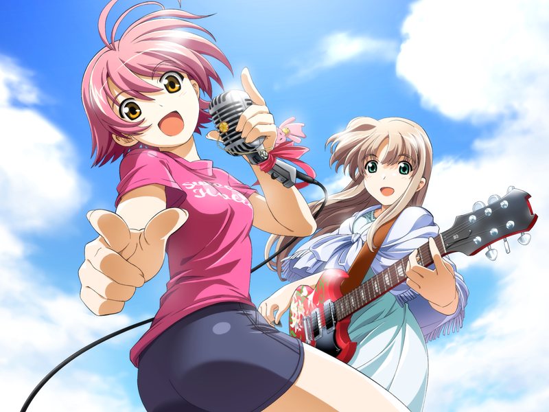 katakura shinji, kashiwara sarina, shiino kirari, kira kira, game cg, 2girls, antenna hair, guitar, instrument, microphone, multiple girls, open mouth, orange eyes, pink hair, pointing, shorts, sky, vintage microphone