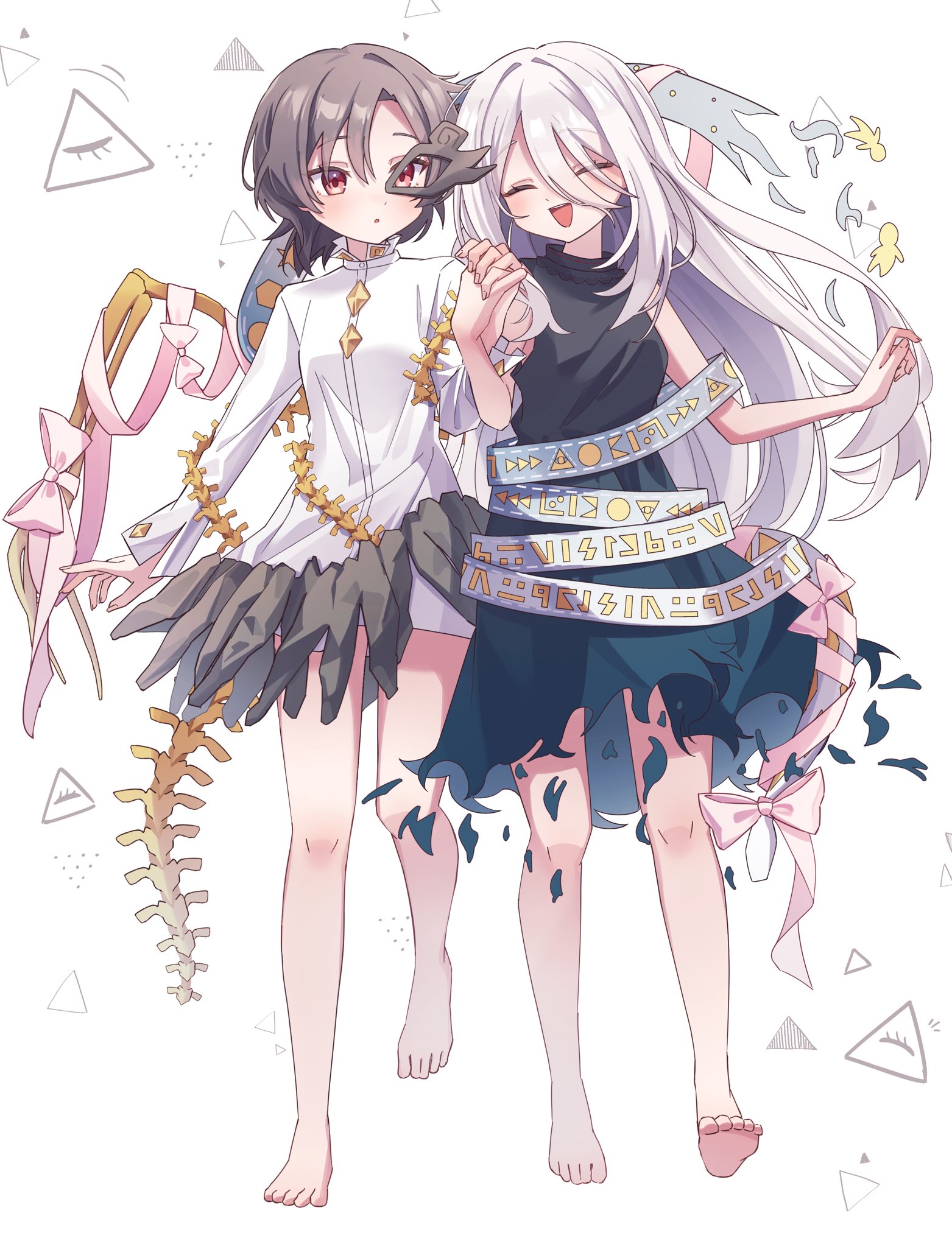 ww333v, iwanaga ariya, yuiman asama, touhou, commentary, highres, 2girls, ^ ^, bare shoulders, barefoot, black dress, black hair, black skirt, bow, closed eyes, closed mouth, couple, dot mouth, dress, feet, full body, holding hands, interlocked fingers, long hair, looking at another, mask, multiple girls, open mouth, red eyes, ribbon, shirt, short hair, simple background, skeletal wings, skirt, sleeveless, sleeveless dress, smile, soles, toes, torn clothes, torn dress, walking, white background, white hair, white shirt, wings, yuri