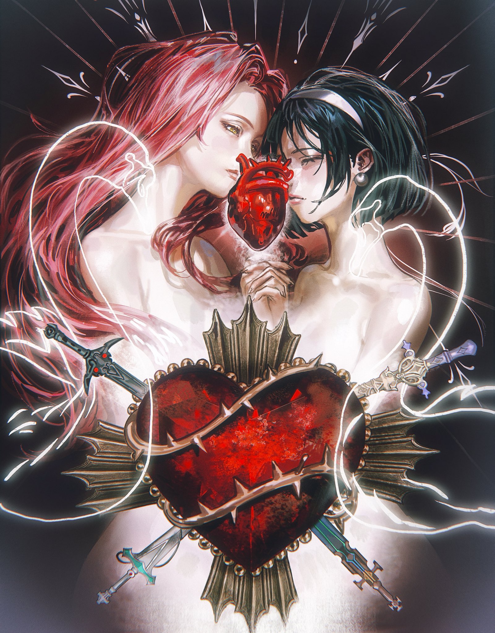 mizi (alien stage), sua (alien stage), alien stage, highres, 2girls, bird, black hair, closed eyes, closed mouth, hairband, heart, heart (organ), holding hands, long hair, multiple girls, pale skin, pink hair, png stalin, short hair, swan, sword, thorns, upper body, weapon, white hairband
