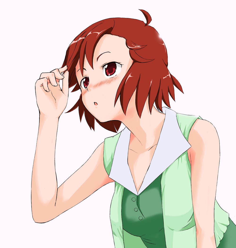 aoba tsugumi, kannagi, 00s, 1girl, female focus, red eyes, red hair, short hair, sleeveless, solo, upper body