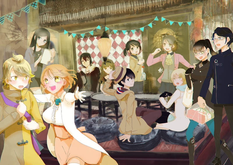 aikawa miyuu, gamon yuuta, hashigami sarai, kurenaino aria, moritsuka shun, narusawa ryouka, nishizono ririka, sumikaze touko, zonko (occultic;nine), occultic;nine, science adventure, 6+boys, 6+girls, black hair, blonde hair, brown hair, everyone, glasses, green eyes, halnobco, hat, kawabata chizu, kisaki asuna, kusakabe kiryuu, long hair, multiple boys, multiple girls, open mouth, scarf, short hair, sitting, skirt, smile, thighhighs, twintails