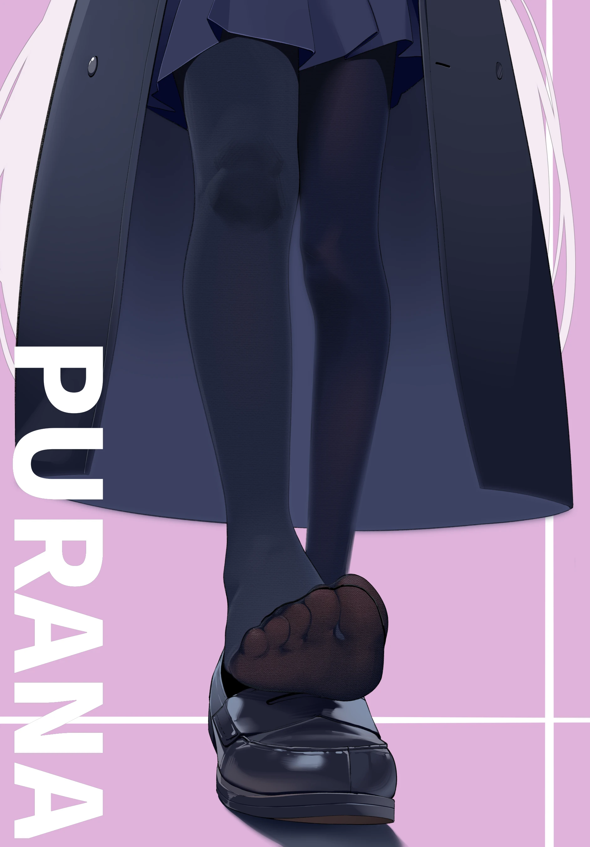 painterliuhao, plana (blue archive), blue archive, absurdres, chinese commentary, commentary, highres, 1girl, black coat, black pantyhose, black shoes, black skirt, character name, coat, feet, foot focus, knees, legs, loafers, long hair, lower body, no shoes, open clothes, open coat, pantyhose, pleated skirt, purple background, shadow, shoes, skirt, soles, solo, toe seam, toes, unworn shoes, very long hair, white hair
