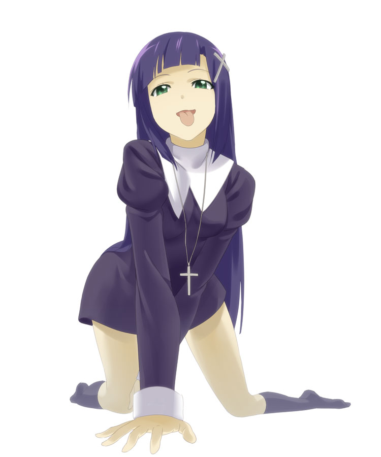 zange, kannagi, 00s, 1girl, all fours, cross, female focus, green eyes, hair ornament, kneehighs, long hair, naughty face, nun, purple hair, sexually suggestive, simple background, socks, solo, tongue, white background