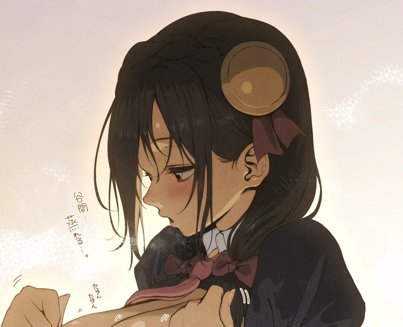 izawa (bhive003), yunyun (konosuba), kono subarashii sekai ni shukufuku wo!, translation request, 1girl, :o, blush, bow, braid, breasts, brown hair, cleavage, collared shirt, hair bow, hair ornament, large breasts, red bow, shirt, solo, twintails, white background