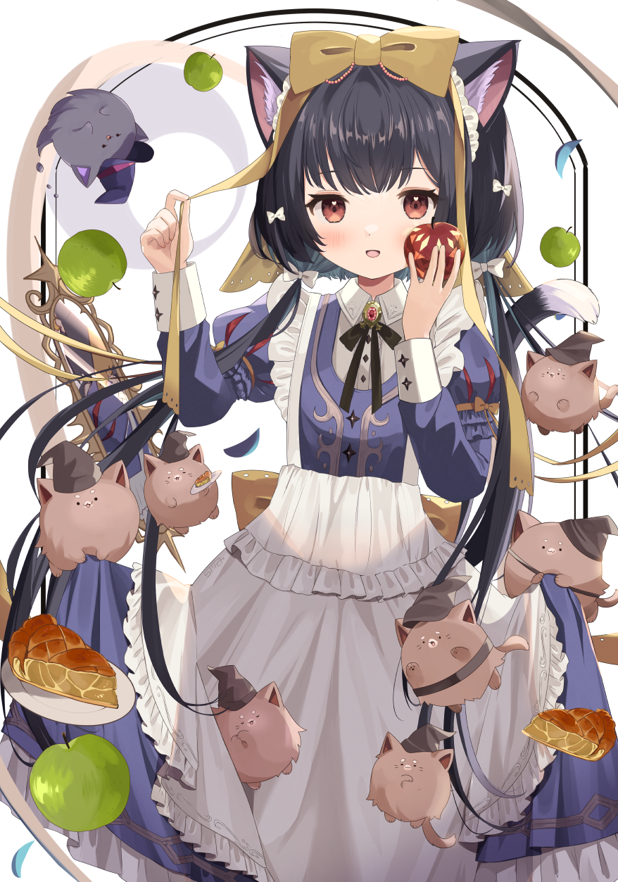 goma (u p), original, commentary request, highres, 1girl, :d, animal ear fluff, animal ears, apron, black hair, black ribbon, blue dress, blush, bow, cat, cat ears, cat girl, cat tail, cowboy shot, dress, food, frilled apron, frilled dress, frills, fruit, hair bow, holding, holding food, holding fruit, juliet sleeves, long hair, long sleeves, looking at viewer, low twintails, neck ribbon, open mouth, pie, pie slice, plate, puffy sleeves, red eyes, ribbon, smile, solo, tail, twintails, white apron, white background, white bow, yellow bow