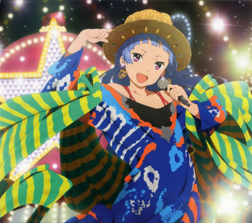 nagi, kannagi, 00s, blue hair, blunt bangs, long hair, microphone, purple eyes, solo