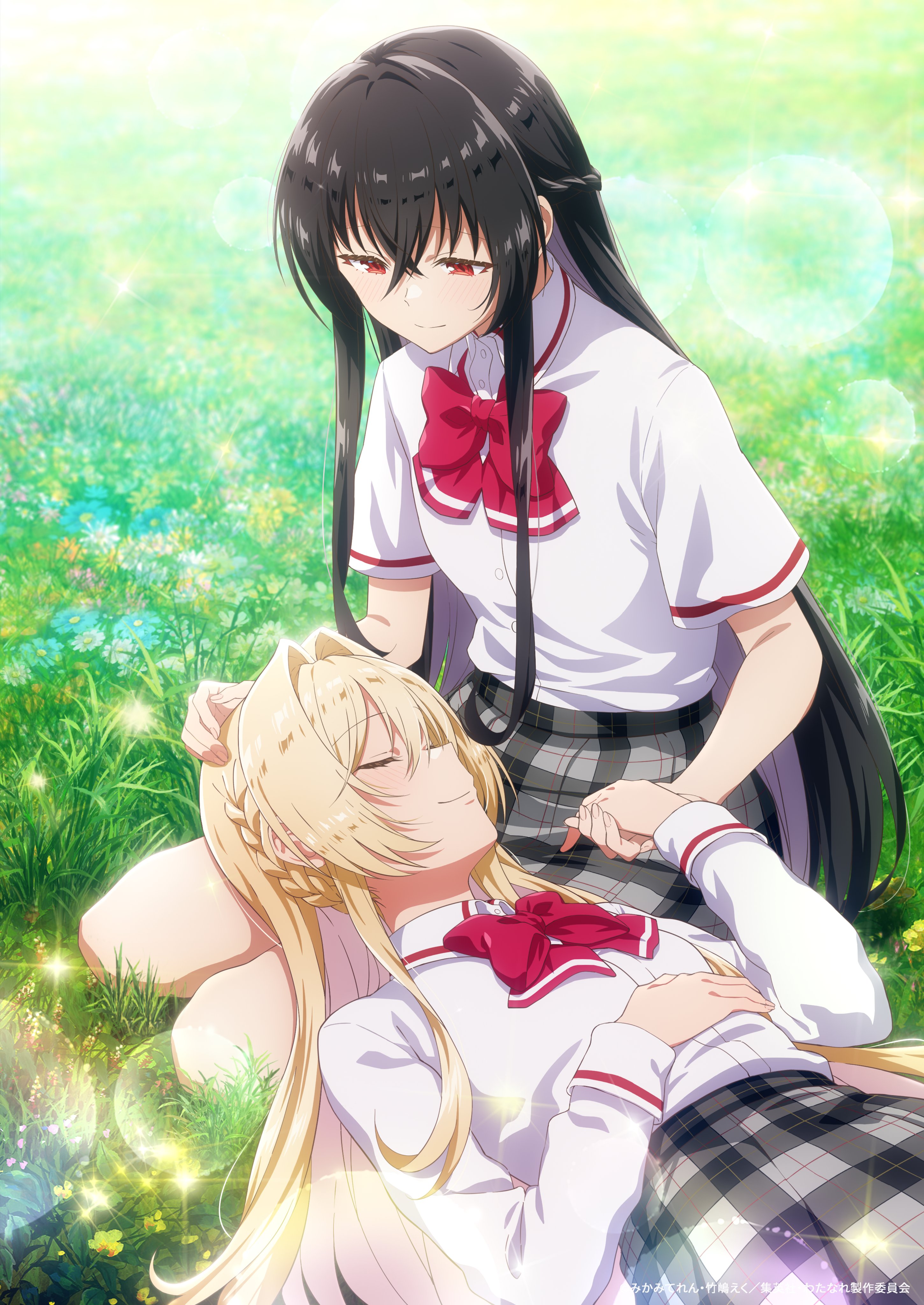 koto satsuki, ouzuka mai, watashi ga koibito ni nareru wake naijan murimuri!, absurdres, highres, official art, second-party source, 2girls, ashigaya high school uniform, black hair, blonde hair, flower, hand on another's head, hand on own stomach, holding hands, light smile, looking at another, lying, lying on lap, multiple girls, nape braid, on grass, school uniform, seiza, sitting, smile, sunlight