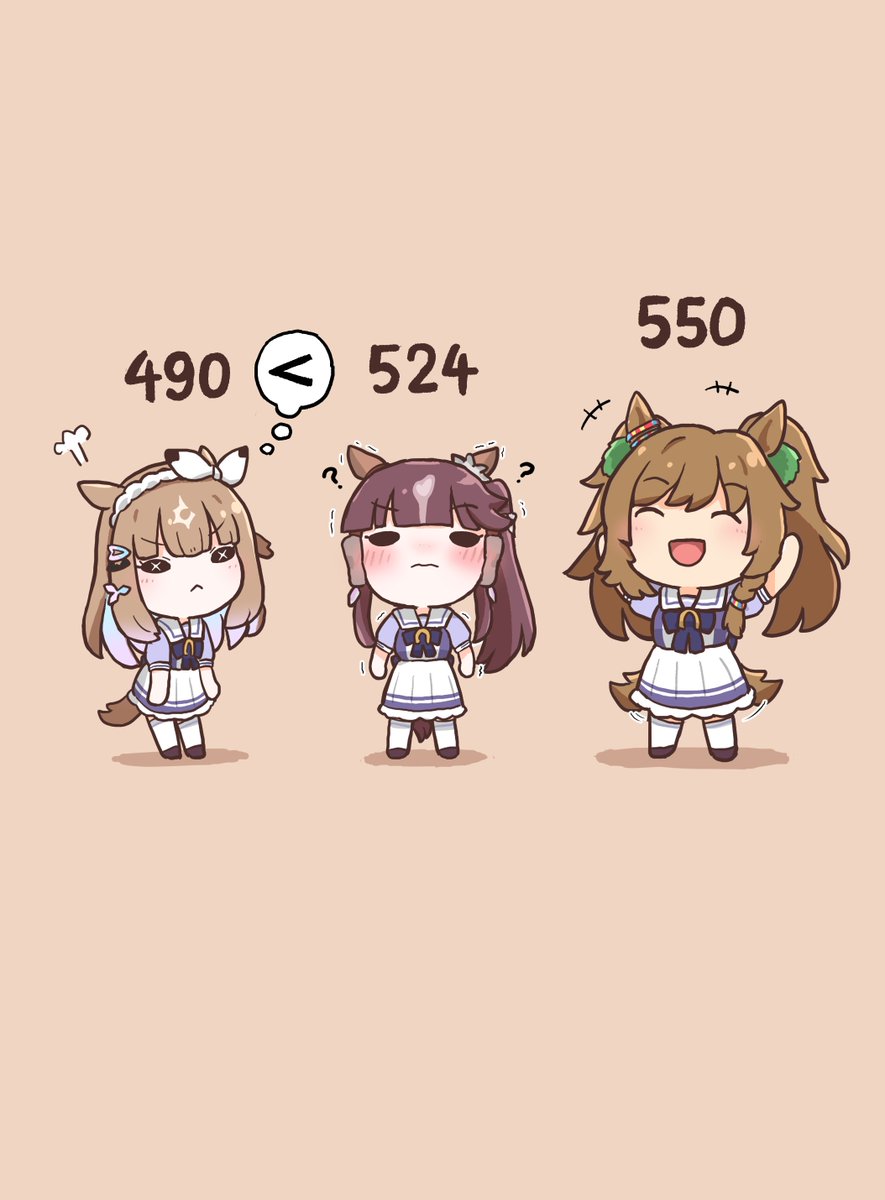chokueji, almond eye (umamusume), blast onepiece (umamusume), lucky lilac (umamusume), umamusume, commentary request, highres, +++, 3girls, :<, ?, afterimage, animal ears, arms up, blue hair, blunt bangs, boots, bow, brown background, brown boots, brown hair, chibi, chibi only, colored inner hair, ear covers, ear ornament, gradient hair, hair bow, headgear, horse ears, horse girl, horse tail, multicolored hair, multiple girls, pleated skirt, pom pom (clothes), puff of air, puffy short sleeves, puffy sleeves, purple hair, purple shirt, sailor collar, sailor shirt, school uniform, shadow, shirt, short sleeves, side ponytail, skirt, solid oval eyes, speech bubble, summer uniform, tail, tail wagging, thighhighs, thought bubble, tracen school uniform, trembling, twintails, white bow, white sailor collar, white skirt, white thighhighs