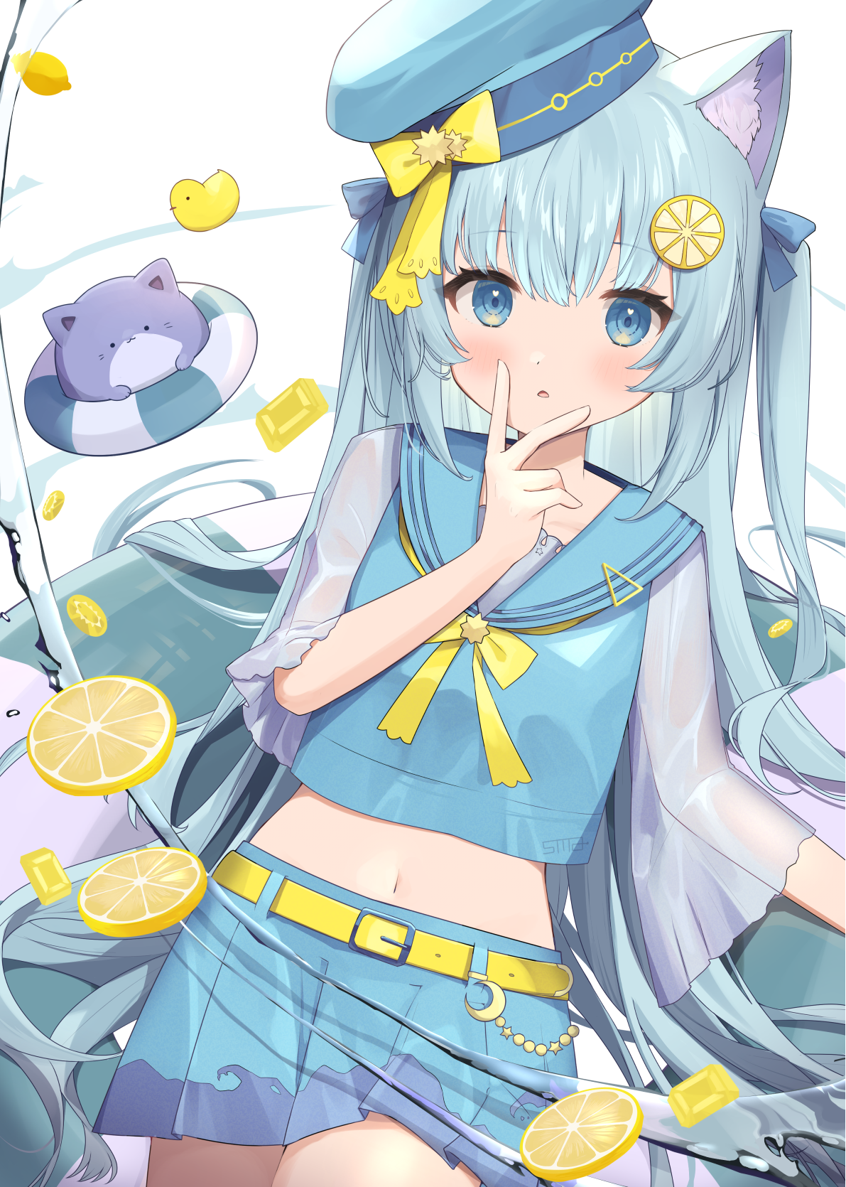 goma (u p), original, commentary request, highres, 1girl, animal ear fluff, animal ears, belt, blue eyes, blue hair, blue hat, blue shirt, blue skirt, cat ears, cat girl, food-themed hair ornament, hair ornament, hat, lemon hair ornament, midriff, see-through clothes, see-through sleeves, shirt, skirt, solo, two side up, v, v over mouth, yellow belt