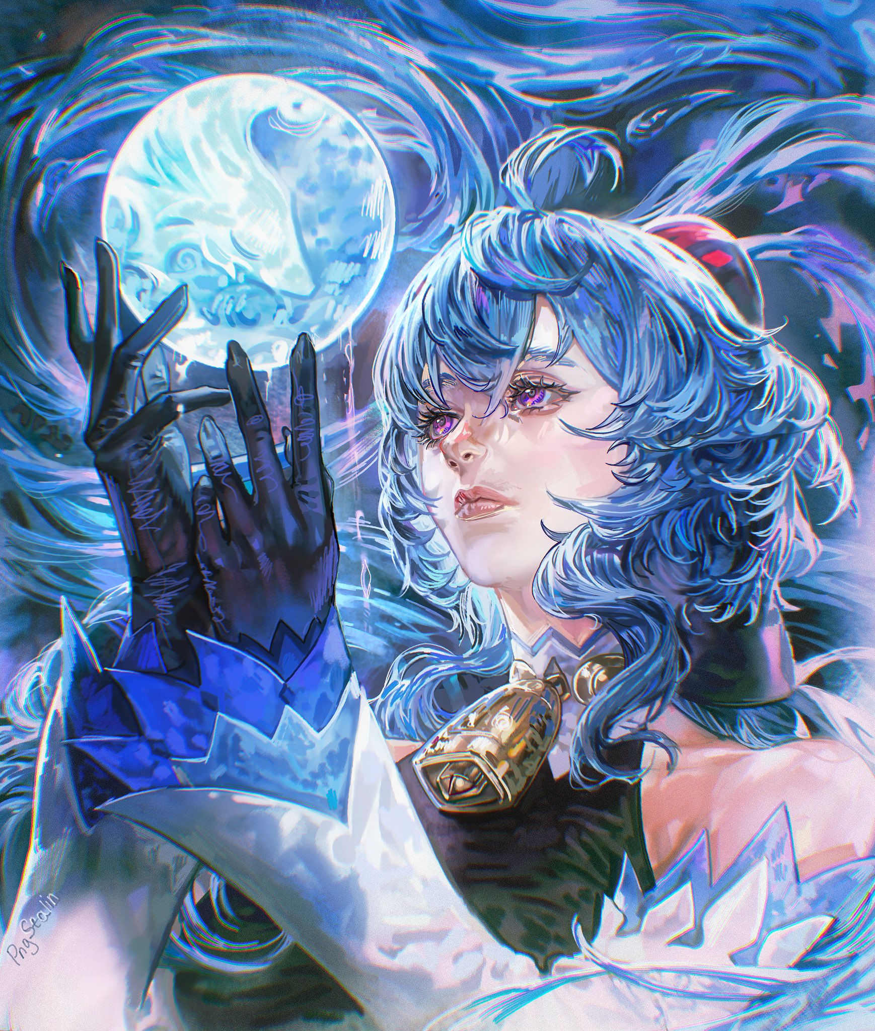 ganyu (genshin impact), genshin impact, highres, 1girl, bell, black gloves, blue hair, eyelashes, gloves, goat horns, horns, medium hair, neck bell, orb, png stalin, portrait, purple eyes, solo