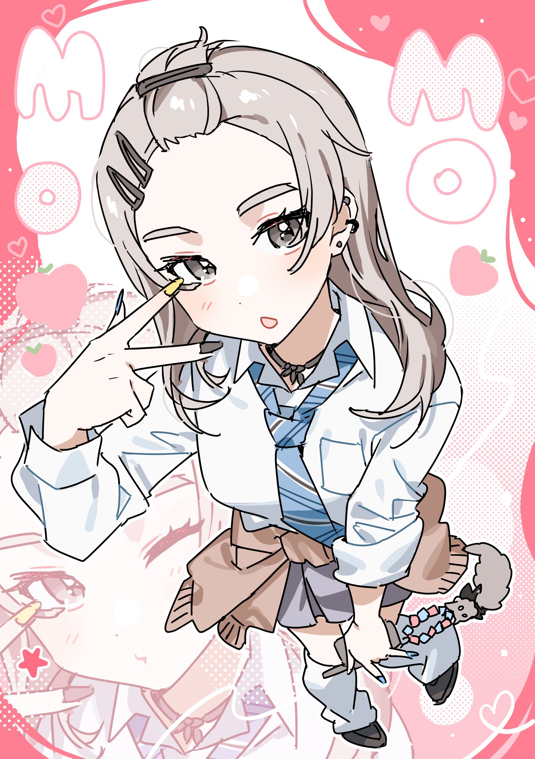 habsida (habsida hpy), kawaragi momoka, girls band cry, absurdres, commentary, highres, 1girl, bangs pinned back, black nails, blue nails, blue necktie, blush, brown cardigan, cardigan, cardigan around waist, clothes around waist, ear piercing, grey eyes, grey hair, grey skirt, gyaru, hair ornament, hairclip, long hair, long sleeves, loose socks, multicolored nails, nail polish, necktie, one eye closed, open mouth, parallel hairclips, piercing, shirt, skirt, socks, w, white shirt, white socks, yellow nails