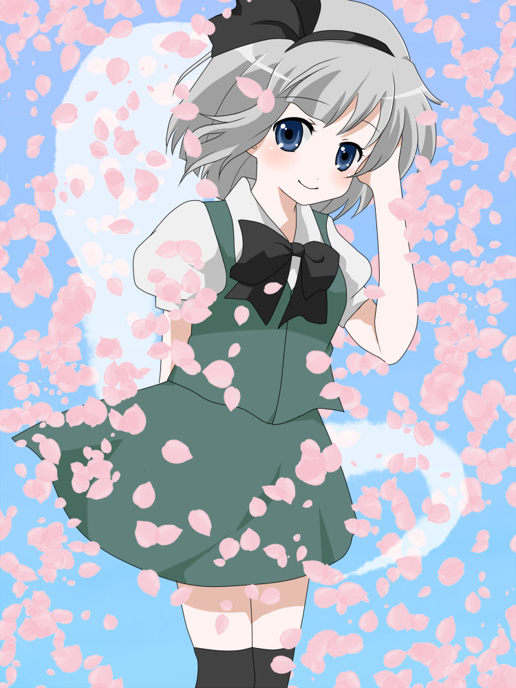 purin jiisan, konpaku youmu, konpaku youmu (ghost), touhou, silver hair, bad id, bad pixiv id, 1girl, blue eyes, blush, female focus, hand in own hair, hitodama, petals, short hair, smile, solo
