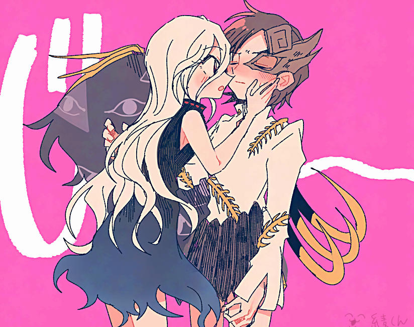 itomugi-kun, iwanaga ariya, yuiman asama, touhou, 2girls, asymmetrical wings, blush, bone, brown mask, closed eyes, dinosaur skeleton, dress, gradient sash, hair between eyes, half mask, imminent kiss, long hair between eyes, looking at another, mask, mask over one eye, multiple girls, play button, ribbon around body, signature, skeletal clothes, skeletal tail, skeletal wings, snake, snake wrapped around body, spinal cord, tail, torn clothes, torn dress, turtleneck, turtleneck dress, wings, yuri