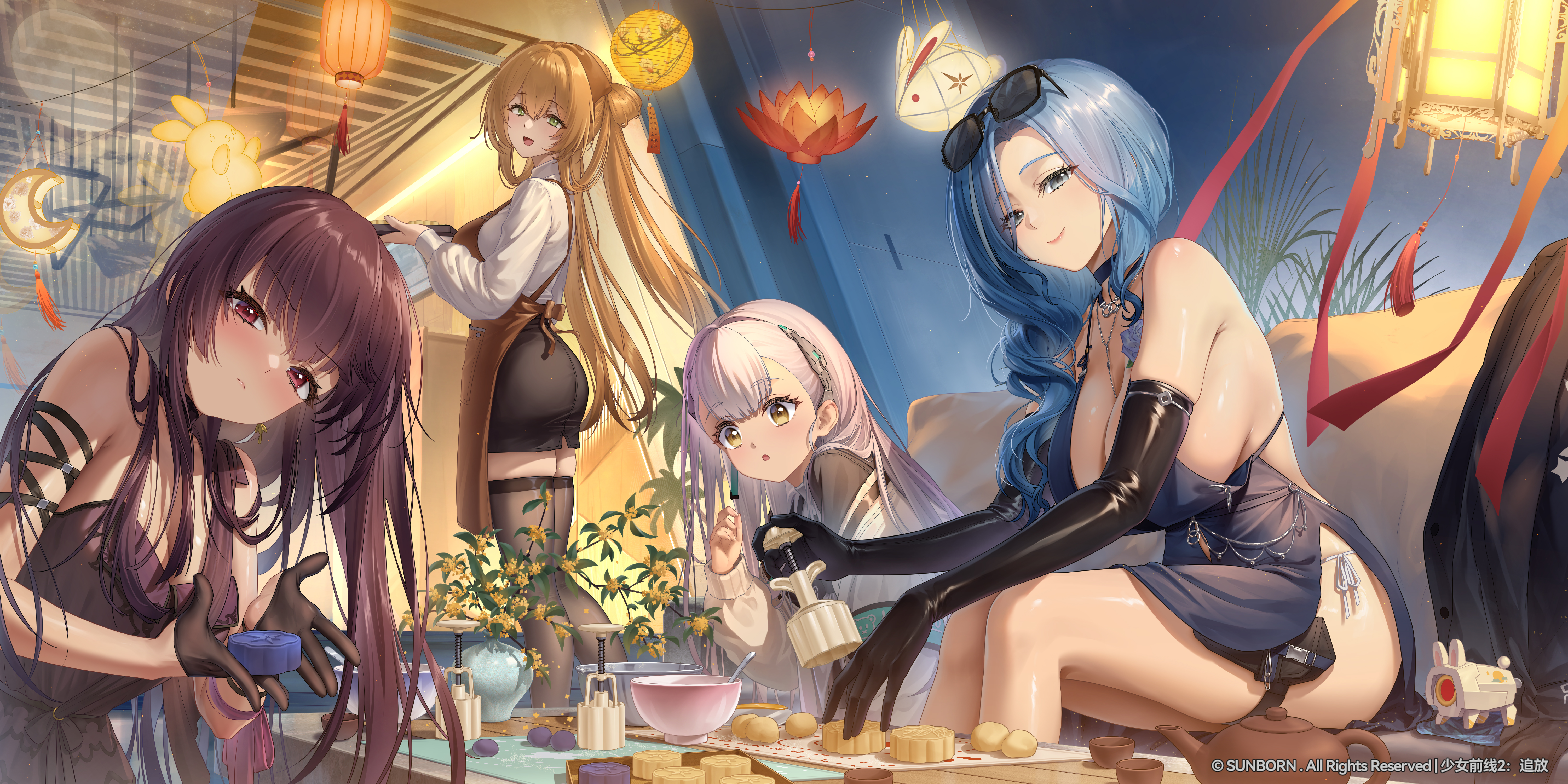 ak-alfa (girls' frontline), dp-12 (girls' frontline), helen (girls' frontline 2), makiatto (girls' frontline 2), springfield (girls' frontline), springfield (girls' frontline 2), tololo (girls' frontline 2), wa2000 (ballroom interlude) (girls' frontline), wa2000 (girls' frontline), girls' frontline, girls' frontline 2: exilium, absurdres, artist request, commentary request, highres, official art, 4girls, apron, arm ribbon, bare shoulders, black dress, black gloves, black thighhighs, blue choker, blue dress, blue hair, bowl, breasts, brown apron, brown hair, choker, cleavage, closed mouth, copyright notice, couch, dress, elbow gloves, evening gown, eyewear on head, food, gloves, green eyes, hair over shoulder, half gloves, halterneck, hanging lantern, helen (starlit waltz) (girls' frontline 2), holding, holding tray, jewelry, lantern, large breasts, long hair, looking at viewer, miniskirt, multiple girls, necklace, official alternate costume, pantylines, plant, purple hair, red eyes, ribbon, shirt, single-shoulder dress, single strap, sitting, skirt, smile, standing, table, thigh strap, thighhighs, tray, white hair, white shirt, wrist ribbon, yellow eyes