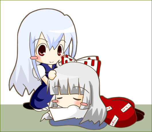 hida (artist), fujiwara no mokou, kamishirasawa keine, touhou, bad id, bad pixiv id, 2girls, chibi, female focus, multiple girls, sleeping