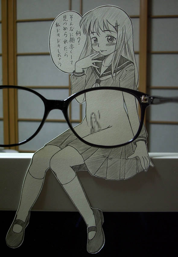 sasaki yukinojou, papercraft (medium), photo (medium), translated, unconventional media, 1boy, androgynous, black-framed eyewear, censored, crossdressing, crossdressing (mtf), erection, glasses, glasses view, interactive media, kneehighs, long hair, male focus, mosaic censoring, navel, paper child, penis, shota, skirt, socks, solo, thighhighs, trap, x-ray, x-ray glasses, x-ray vision