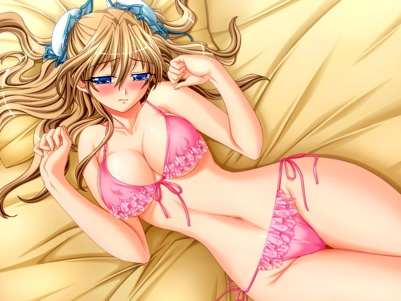 brainjacker (rin kaifon), kaifon rin, rin kaifon, shoujo senki soul eater, 1girl, bare shoulders, bed, bed sheet, blue eyes, blush, bra, breasts, brown hair, bun cover, cleavage, collarbone, covered erect nipples, double bun, female focus, frills, groin, hip focus, lingerie, long hair, looking at viewer, lying, navel, on back, panties, side-tie panties, solo, tears, underwear, underwear only, wide hips