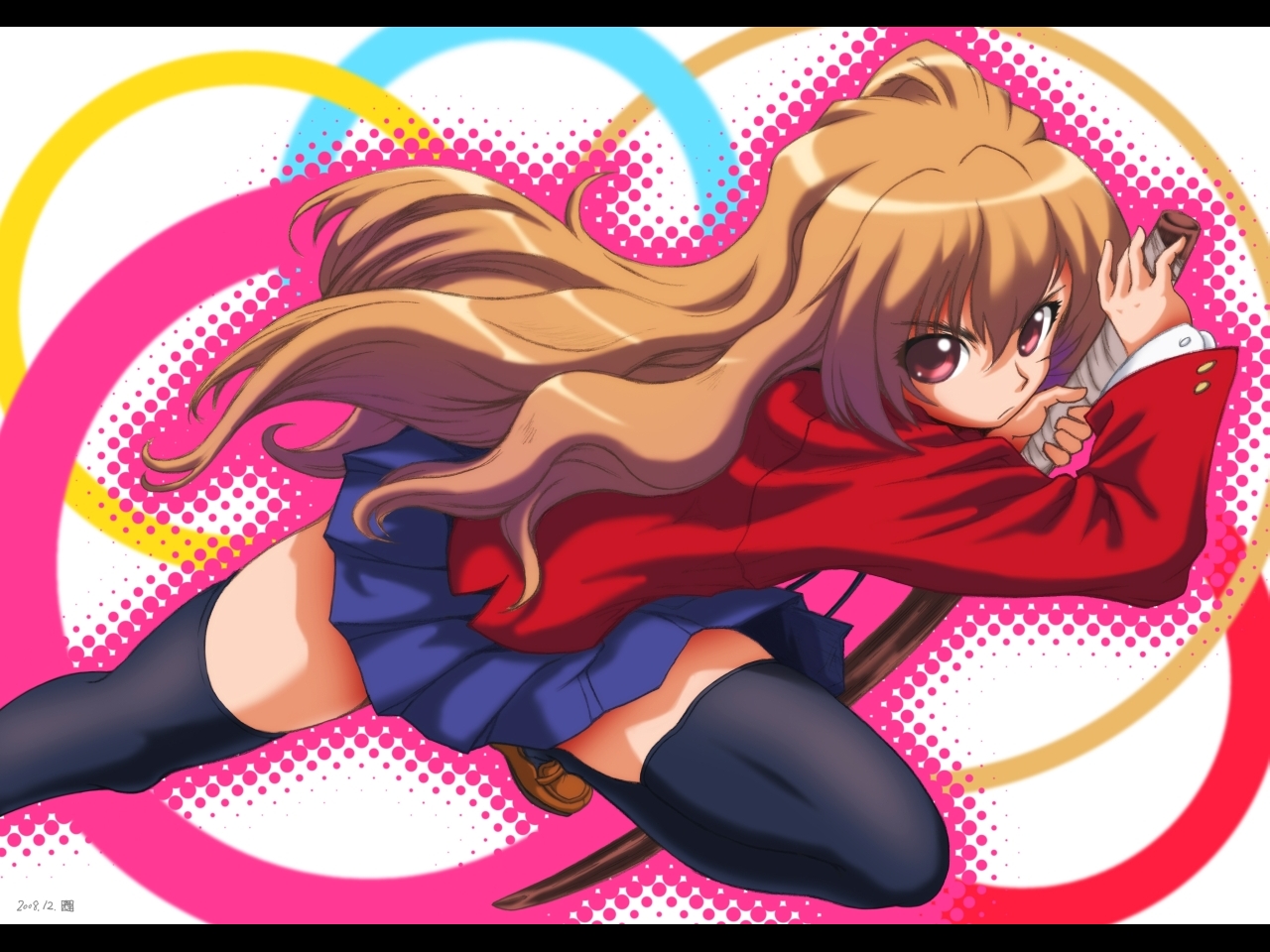 gmbh, aisaka taiga, toradora!, 00s, 1girl, black thighhighs, bokken, brown hair, female focus, fighting stance, long hair, miniskirt, purple eyes, running, school uniform, skirt, solo, sword, thighhighs, weapon, wooden sword