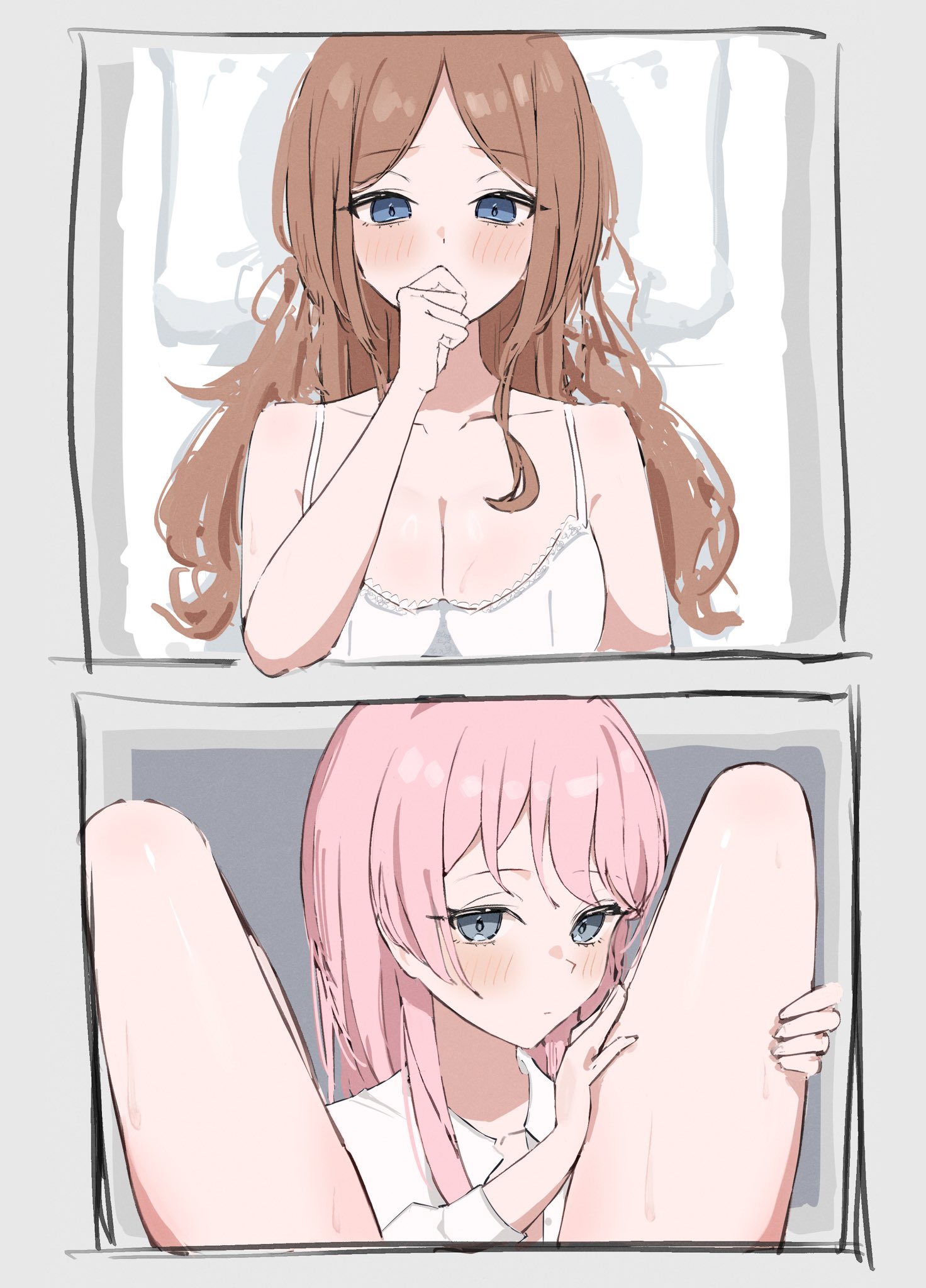 opuricheri, chihaya anon, nagasaki soyo, bang dream!, bang dream! it's mygo!!!!!, commentary, highres, 2girls, between legs, blue eyes, blush, bra, breasts, brown hair, cleavage, collarbone, grey eyes, large breasts, long hair, multiple girls, pink hair, shirt, sidelocks, underwear, white bra, white shirt, yuri