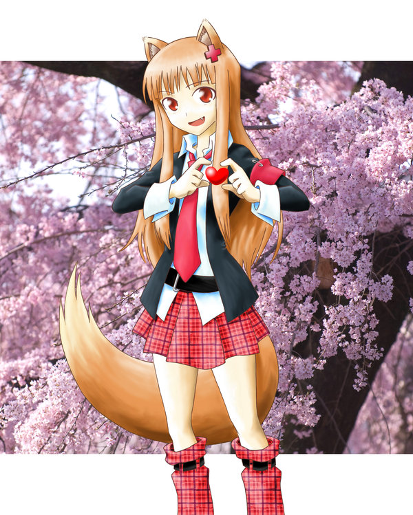 sab-chan, hinamori amu, holo, shugo chara!, spice and wolf, 1girl, animal ears, brown hair, cherry blossoms, cosplay, cross hair ornament, fang, female focus, four-finger heart hands, hair ornament, heart, heart hands, heart in heart hands, hinamori amu (cosplay), leg warmers, long hair, plaid clothes, plaid skirt, red eyes, school uniform, skirt, solo, tail, wolf ears, wolf tail