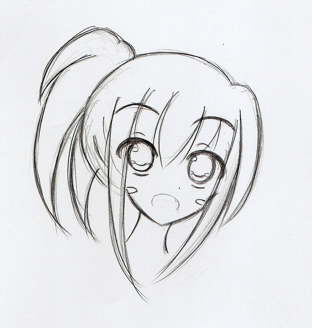 1girl, :d, blush stickers, close-up, fang, fangs, female focus, greyscale, long hair, monochrome, open mouth, ponytail, simple background, sketch, smile, solo