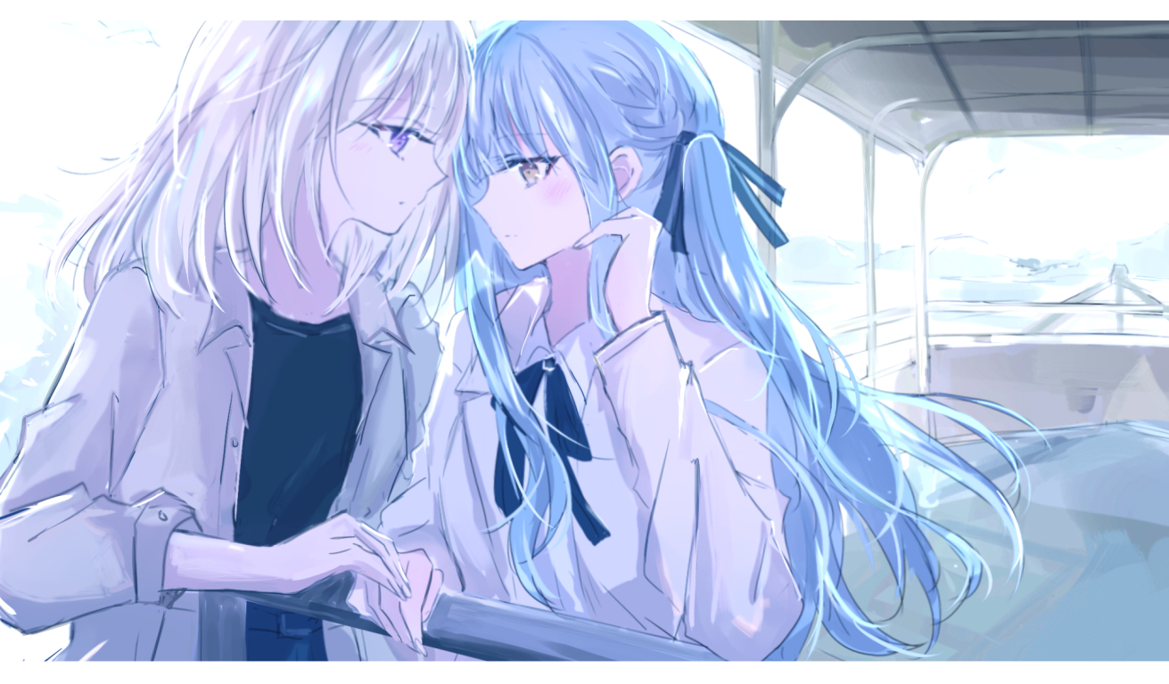 misumi uika, togawa sakiko, bang dream!, bang dream! it's mygo!!!!!, 2girls, 55ddee, black ribbon, black shirt, blonde hair, blue hair, boat, braid, hair ribbon, jacket, letterboxed, long hair, long sleeves, medium hair, multiple girls, purple eyes, ribbon, shirt, sidelocks, simple background, watercraft, white background, white jacket, white shirt, yellow eyes, yuri