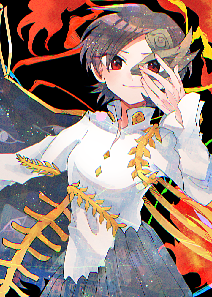 itomugi-kun, iwanaga ariya, touhou, 1girl, asymmetrical wings, bone, brown mask, dinosaur skeleton, eye of providence, eye print, eyes on wings, fiery wings, gold buttons, half mask, looking at viewer, mask, mask over one eye, ribbon around body, skeletal clothes, skeletal tail, skeletal wings, smile, solo, spinal cord, tail, wings