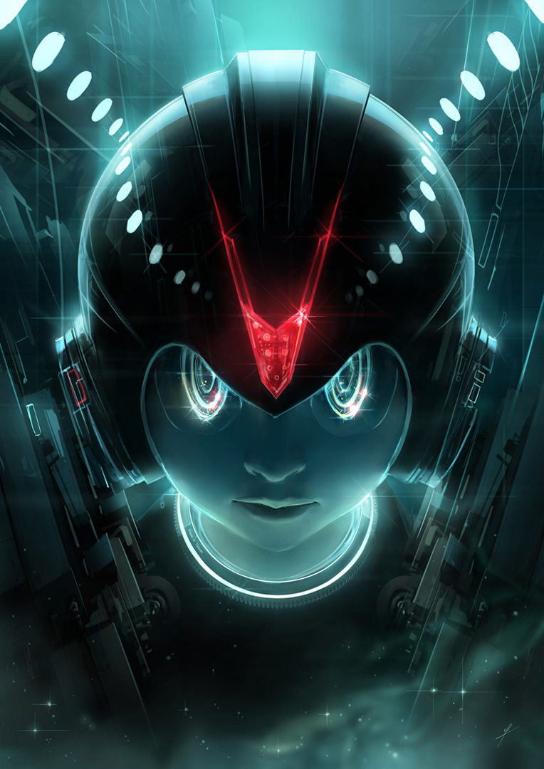 ldt, mega man (character), mega man (series), 1boy, forehead jewel, glowing, glowing eyes, helmet, male focus, portrait, robot, science fiction, serious, solo