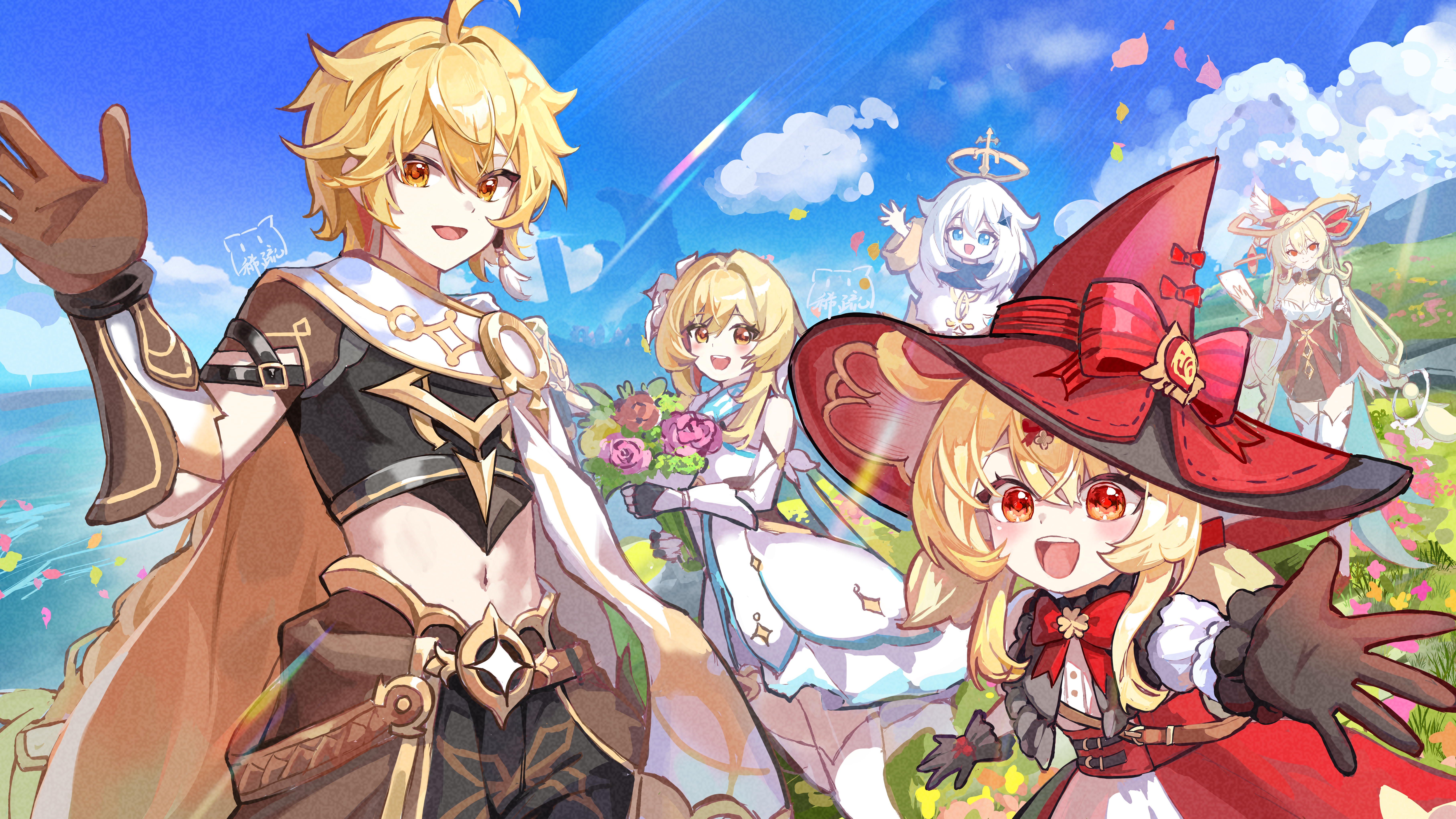 xishuu (user dvah3828), aether (genshin impact), klee (genshin impact), lumine (genshin impact), paimon (genshin impact), genshin impact, absurdres, character request, chinese commentary, highres, 1boy, 4girls, black gloves, blonde hair, blue eyes, blue sky, brown eyes, cloud, dress, flower, gloves, hat, multiple girls, navel, open mouth, outdoors, reaching, reaching towards viewer, red eyes, red hat, short hair, sky, teeth, upper teeth only, white dress, witch hat