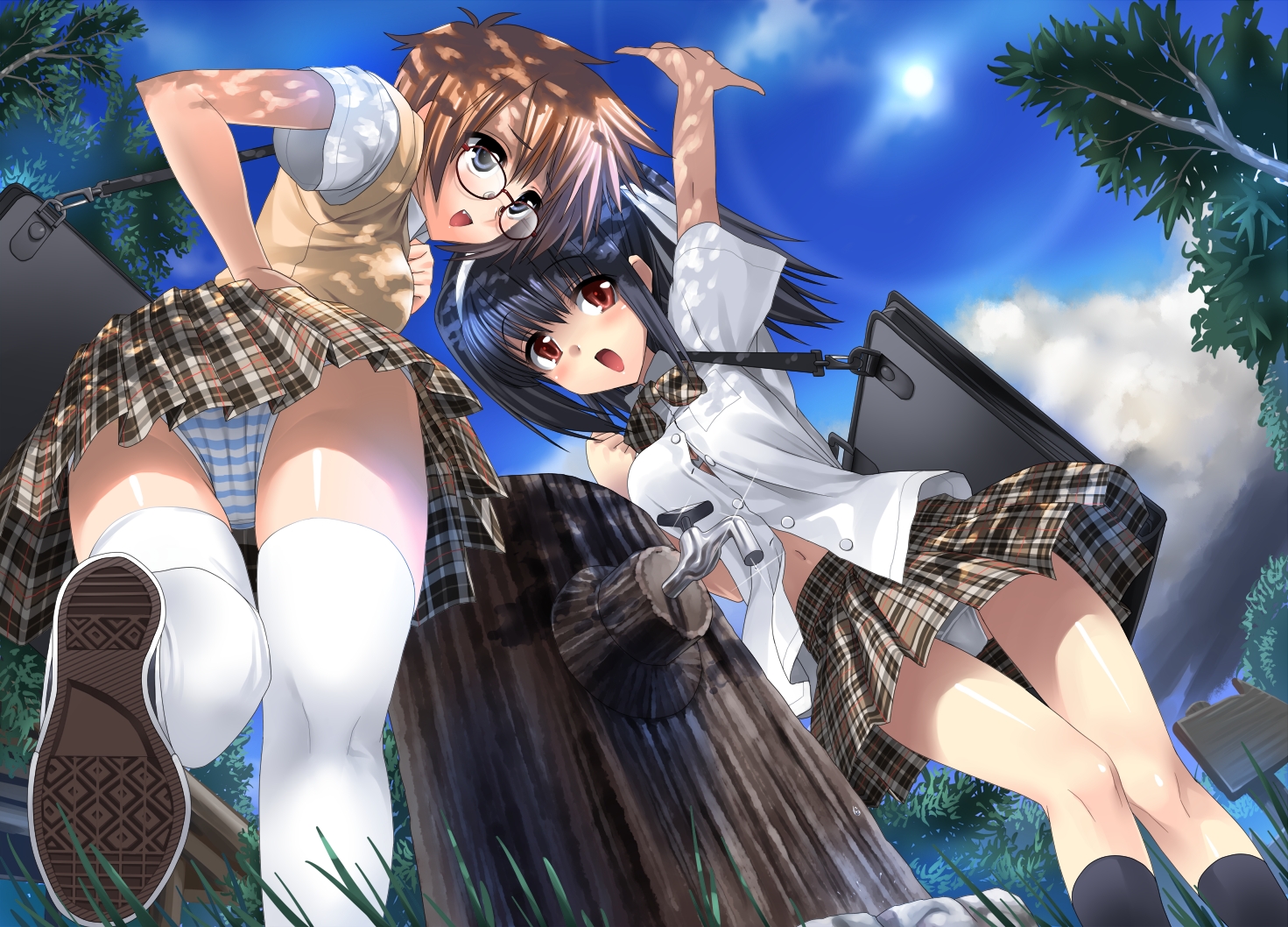 suzume inui, black legwear, white legwear, 2girls, blue eyes, blue hair, brown hair, fang, from below, glasses, hairband, long hair, multiple girls, panties, pantyshot, plaid clothes, plaid skirt, ponytail, red eyes, school uniform, short hair, skirt, socks, striped clothes, striped panties, thighhighs, underwear