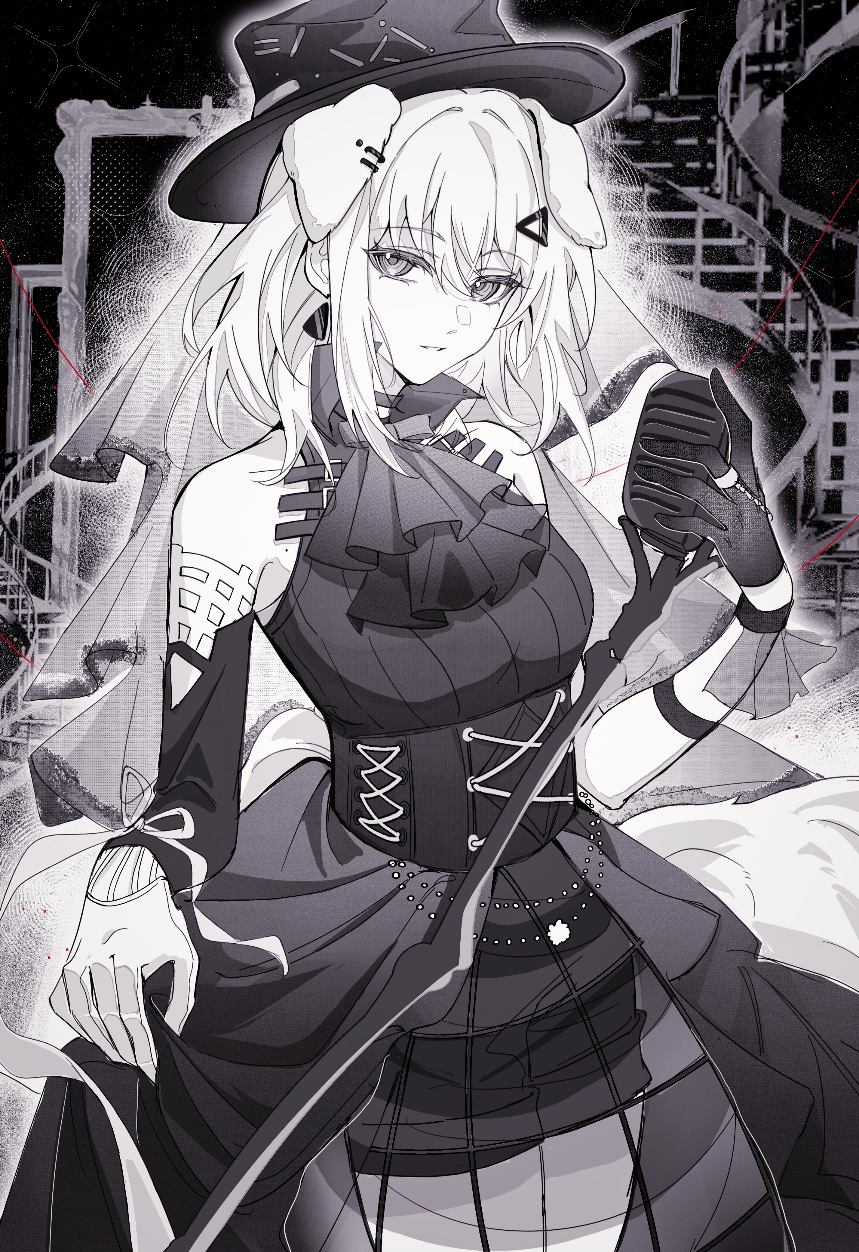 haiyuan182, misumi uika, misumi uika (caged singer), arknights, bang dream!, bang dream! it's mygo!!!!!, absurdres, chinese commentary, commentary request, highres, 1girl, animal ear piercing, animal ears, corset, detached sleeves, dog ears, dog girl, dress, greyscale, hair ornament, hairclip, hat, holding, holding microphone, jewelry, microphone, mole, monochrome, ring, shorts under dress, sidelocks, sleeveless, sleeveless dress, solo, spot color