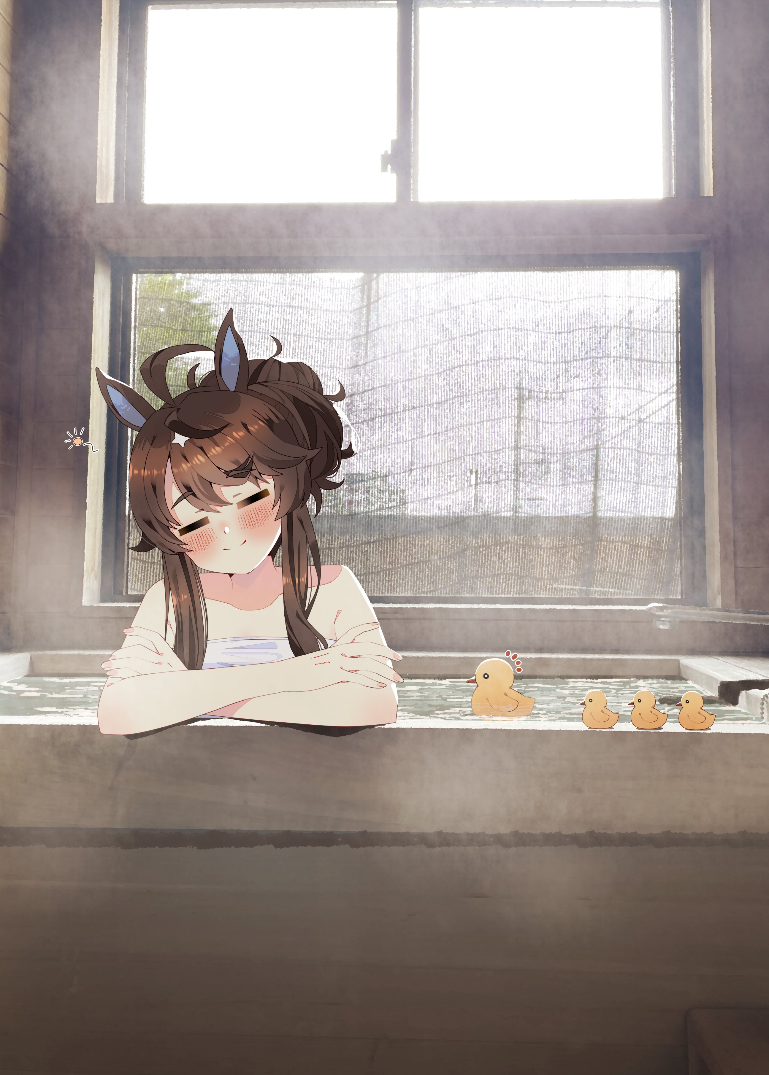 amane hikari, daring tact (umamusume), umamusume, absurdres, commentary request, highres, 1girl, = =, animal ears, bathing, blush, brown hair, closed mouth, collarbone, crossed arms, facing viewer, hair bun, horse ears, horse girl, indoors, naked towel, onsen, rubber duck, sidelocks, smile, solo, squeans, steam, towel, upper body, water, window