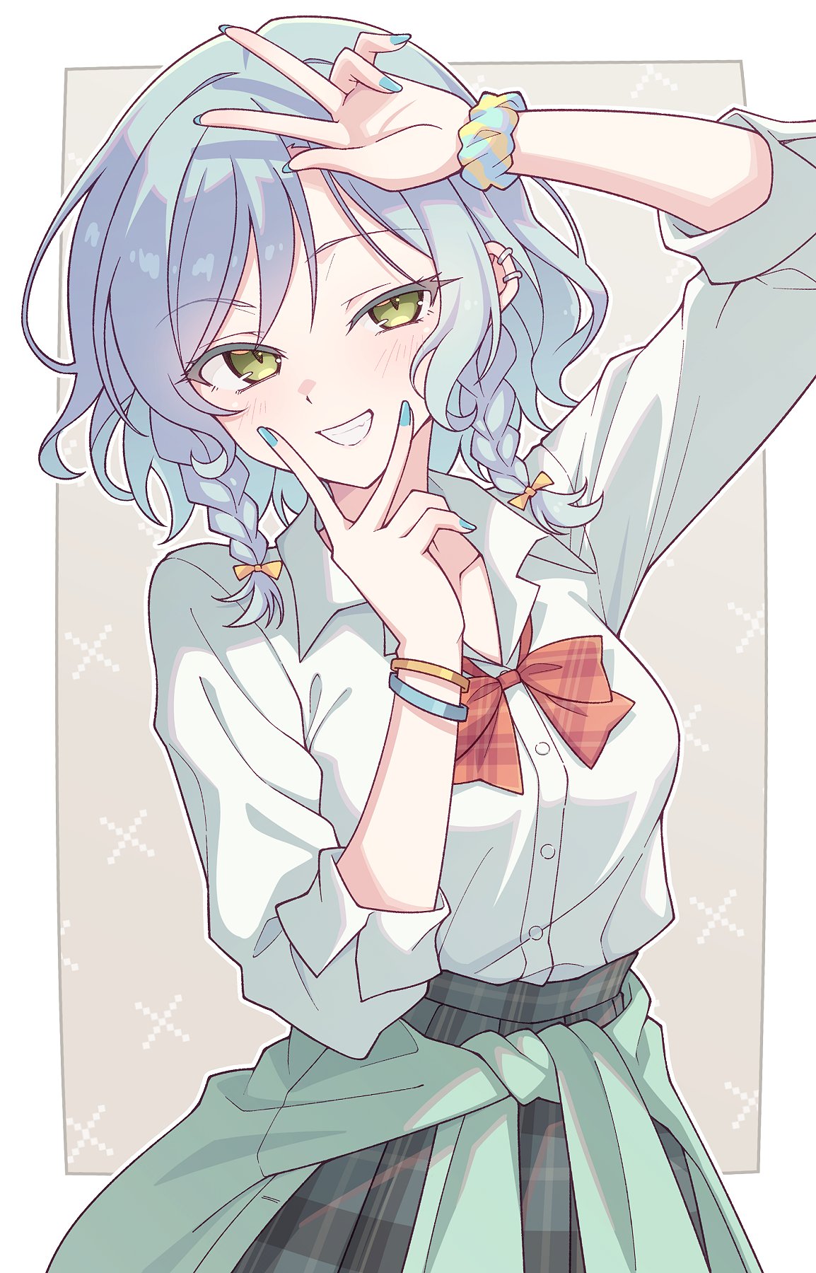 e20, hikawa hina, bang dream!, commentary, highres, 1girl, blue hair, blue nails, border, bracelet, braid, cardigan, cardigan around waist, clothes around waist, cowboy shot, dress shirt, ear piercing, green cardigan, grey background, grey skirt, jewelry, looking at viewer, medium hair, nail polish, outside border, piercing, plaid clothes, plaid skirt, pleated skirt, shirt, shirt tucked in, side braids, skirt, smile, solo, three-quarter sleeves, v, v over mouth, white border, white shirt