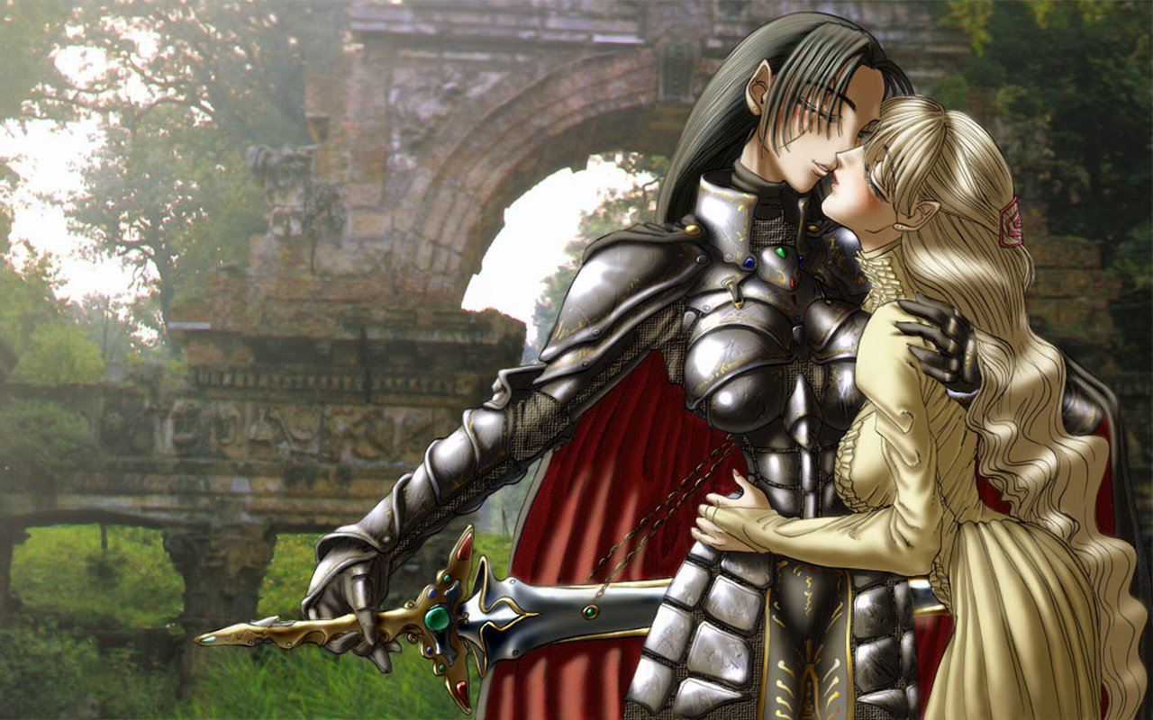 2girls, armor, kiss, multiple girls, sword, weapon, yuri