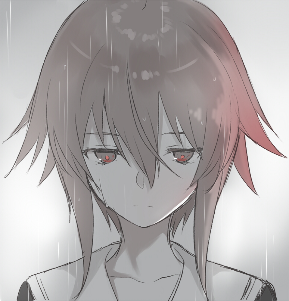 marsirome, onoe serika, chaos;child, science adventure, 1girl, closed mouth, collarbone, grey background, hair between eyes, hekiho academy school uniform, looking down, narrowed eyes, rain, red eyes, sad, sailor collar, school uniform, shirt, short hair, short hair with long locks, simple background, solo, wet, wet hair