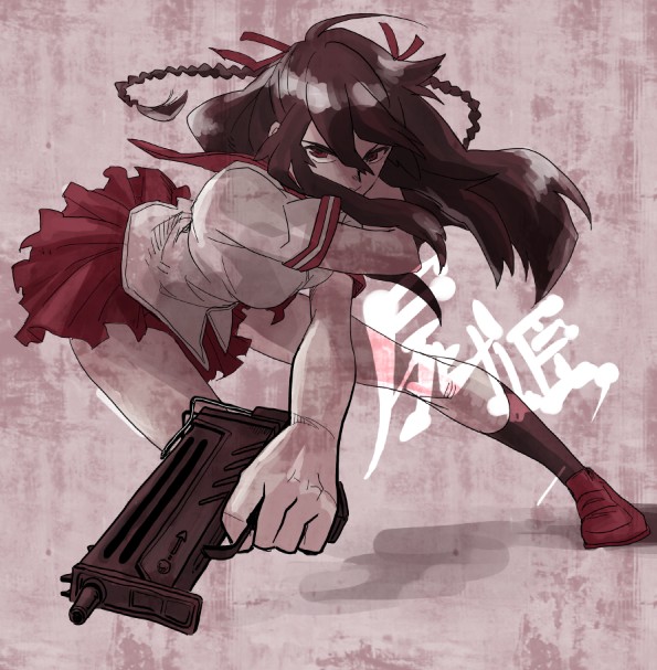 katoh, katou (hyaena), hoshimura makina, shikabane hime, 1girl, braid, female focus, gun, long hair, red eyes, school uniform, skirt, solo, twin braids, weapon