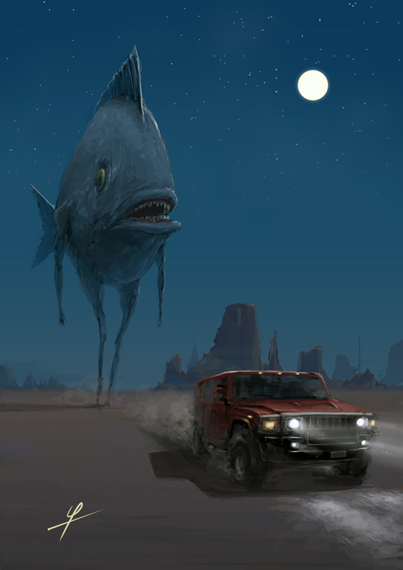 ldt, deep one, original, animal, car, desert, driving, fish, full moon, monster, moon, motor vehicle, night, night sky, open mouth, oversized animal, rock, sky, star (sky)