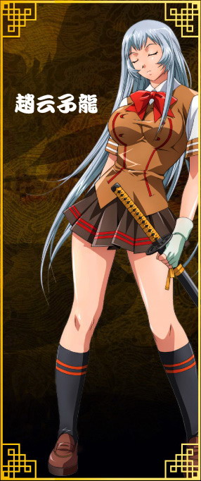 chouun shiryuu, ikkitousen, black legwear, silver hair, 00s, 1girl, bow, bowtie, brown skirt, closed eyes, contrapposto, female focus, fingerless gloves, gloves, holding, holding sword, holding weapon, katana, long hair, pleated skirt, red bow, school uniform, skirt, solo, standing, sword, weapon, white gloves