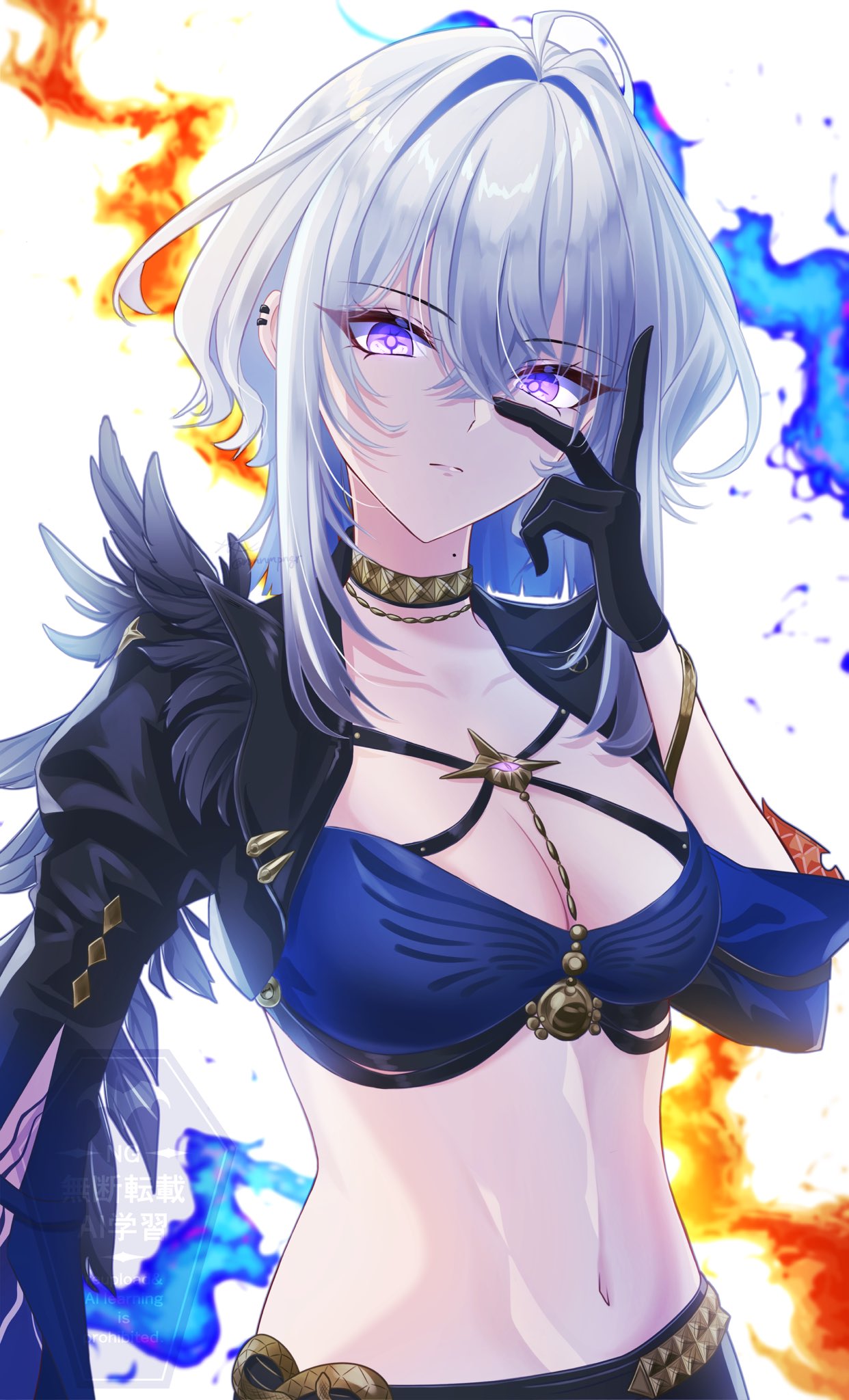 nmnmpngr, galbrena (wuthering waves), wuthering waves, commentary request, highres, 1girl, ahoge, black gloves, black jacket, blue bra, bra, breasts, choker, cropped jacket, gloves, hair intakes, jacket, linea alba, looking at viewer, medium breasts, midriff, mole, mole on neck, navel, open clothes, open jacket, purple eyes, solo, stomach, underwear, watermark, white hair