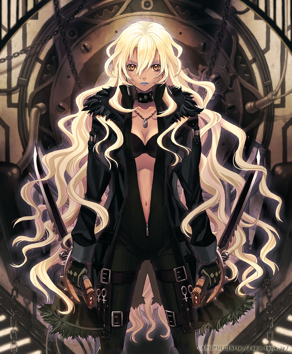 apupu, original, 1girl, blonde hair, blue lips, bodysuit, breasts, choker, cleavage, coat, dark-skinned female, dark skin, dual wielding, female focus, fur coat, holding, jewelry, jumpsuit, lipstick, long hair, makeup, navel, necklace, orange eyes, solo, sword, unzipped, very long hair, weapon