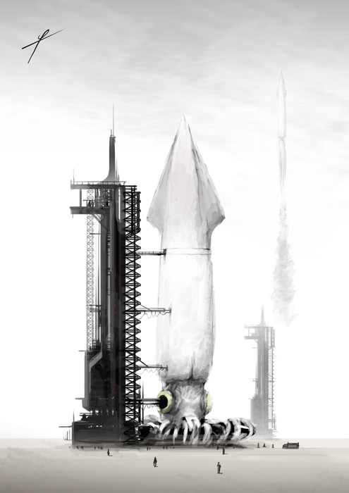ldt, original, animal, animal focus, giant squid, launch pad, non-humanoid robot, oversized animal, robot, robot animal, rocket, rocket ship, spacecraft, squid