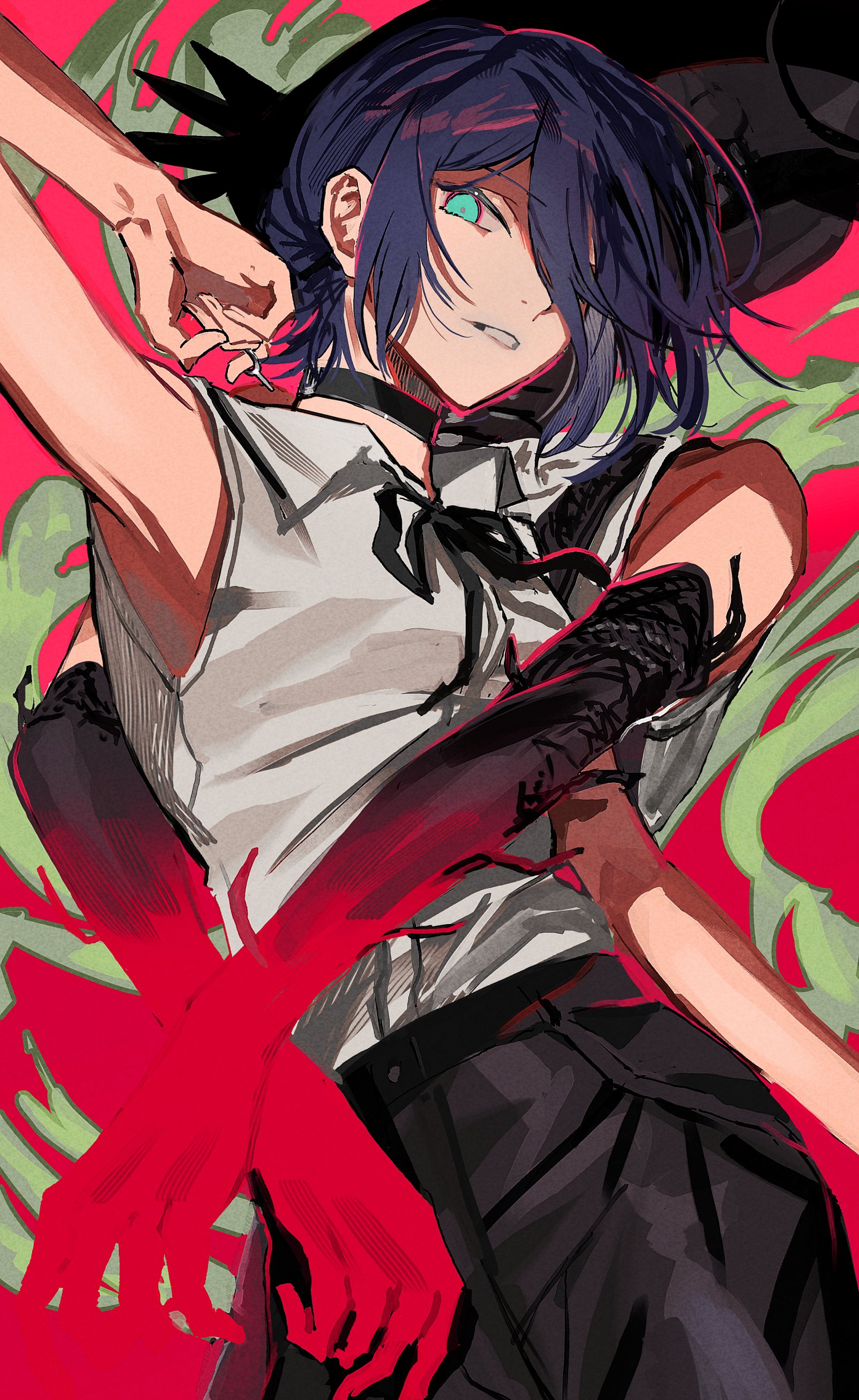 segami, bomb devil (chainsaw man), reze (chainsaw man), chainsaw man, absurdres, highres, 1girl, black choker, black ribbon, choker, green eyes, looking at viewer, purple hair, ribbon, shirt, sleeveless, sleeveless shirt, solo, white shirt