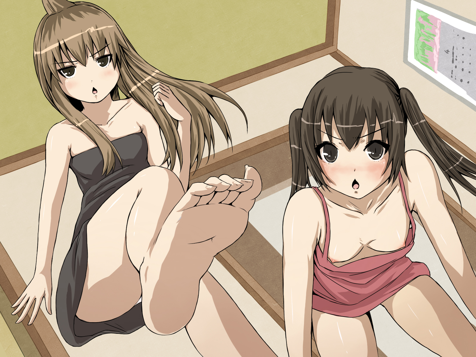 tomihero, minami chiaki, minami kana, minami-ke, highres, 00s, 2girls, :o, ahoge, all fours, bare arms, bare legs, barefoot, black dress, black eyes, black hair, blush, breasts, brown hair, chestnut mouth, collarbone, downblouse, dress, dutch angle, feet, female focus, flat chest, foot focus, from below, indoors, legs, long hair, long toenails, looking at viewer, matching hair/eyes, multiple girls, nipple slip, nipples, no bra, open mouth, panties, short dress, siblings, sisters, small breasts, soles, standing, standing on one leg, strapless, strapless dress, toe scrunch, toenails, toes, twintails, underwear