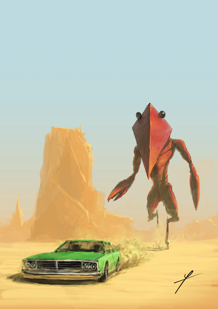 ldt, original, animal, car, chasing, creature, crustacean, desert, green car, motor vehicle, oversized animal, rock, running, signature