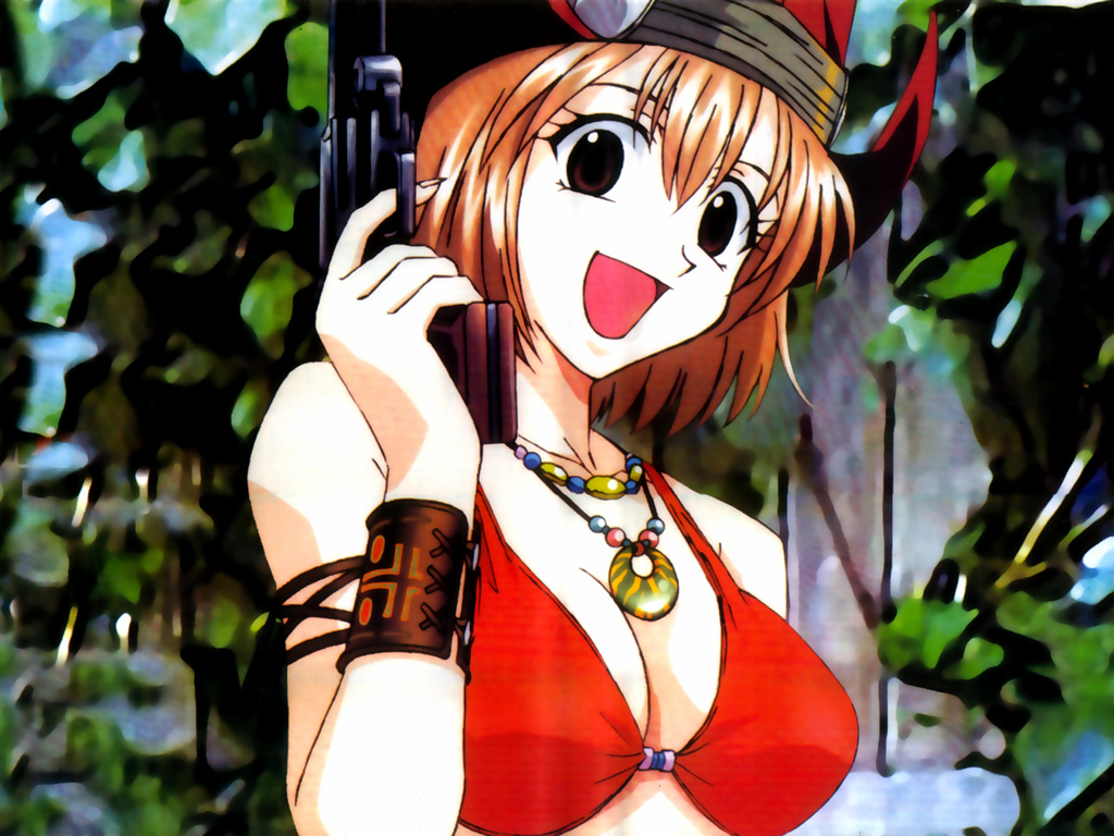 elie, resha valentine, rave (manga), tagme, 00s, 1girl, bikini, bikini top only, breasts, cleavage, grin, gun, smile, swimsuit, weapon