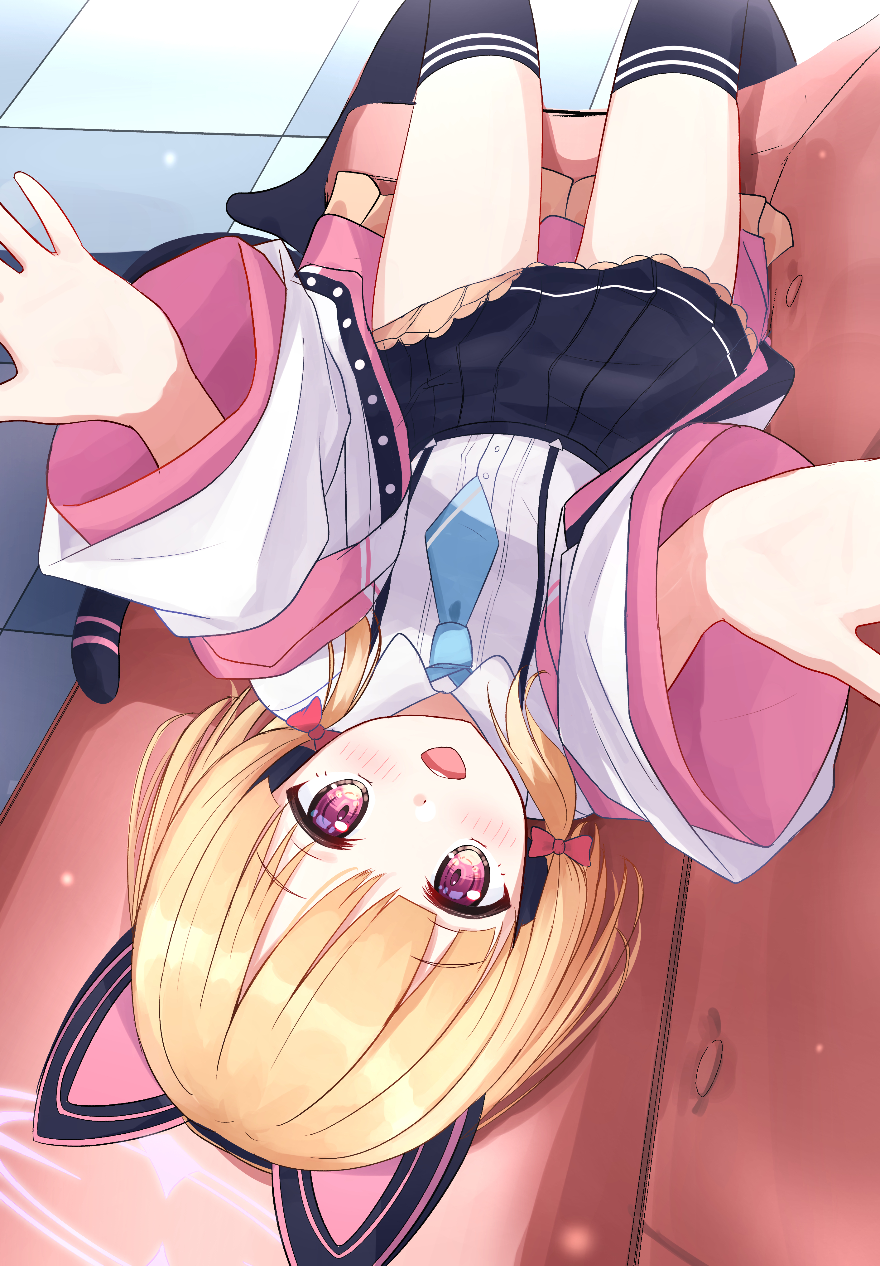 cpk prd, momoi (blue archive), blue archive, absurdres, commentary, highres, 1girl, :d, animal ear headphones, animal ears, black skirt, black thighhighs, blonde hair, blue necktie, blush, bow, buttons, cat ear headphones, cat ears, checkered floor, collared shirt, couch, dress shirt, fake animal ears, frilled jacket, frilled skirt, frills, from above, hair bow, halo, headphones, jacket, long sleeves, looking at viewer, low-tied sidelocks, lying, miniskirt, multicolored jacket, necktie, no shoes, off shoulder, on back, on couch, open clothes, open jacket, open mouth, outstretched arms, pink eyes, pink halo, pink jacket, pleated skirt, reaching, reaching towards viewer, red bow, school uniform, shirt, short hair, sidelocks, skirt, smile, solo, suspender skirt, suspenders, teeth, thighhighs, two-sided fabric, two-sided jacket, unbuttoned, upper teeth only, upside-down, white jacket, white shirt, wide sleeves