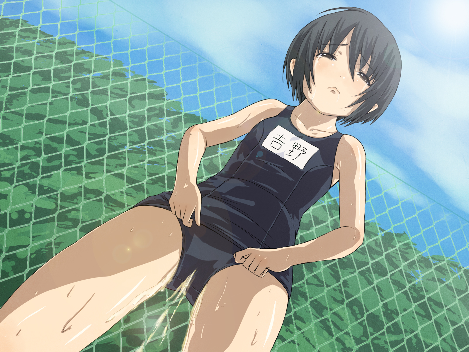 tomihero, yoshino (minami-ke), minami-ke, highres, translated, 00s, 1girl, black hair, black one-piece swimsuit, brown eyes, dripping, female focus, fence, flat chest, one-piece swimsuit, outdoors, pee, peeing, peeing self, purposeful wetting, school swimsuit, short hair, sky, solo, standing, sweat, swimsuit, tears, text focus, tree, wet