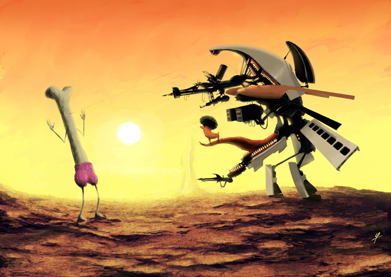 ldt, original, afro, animal with hair, cartoon bone, confrontation, desert, dog, full body, laser sight, machine, pink shorts, robot, rocket launcher, sharp teeth, shorts, sun, surreal, teeth, weapon